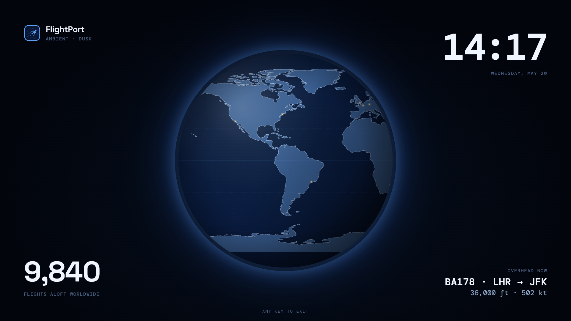 FlightPort ambient globe mode showing live world traffic