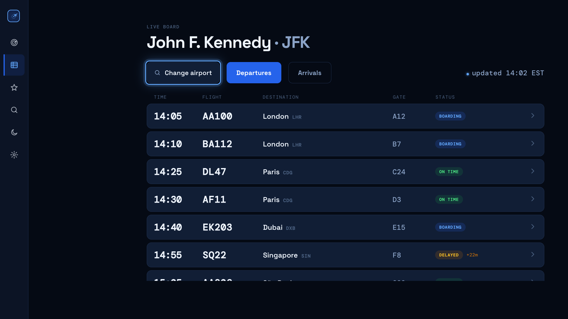 Airport departure and arrival board on FlightPort
