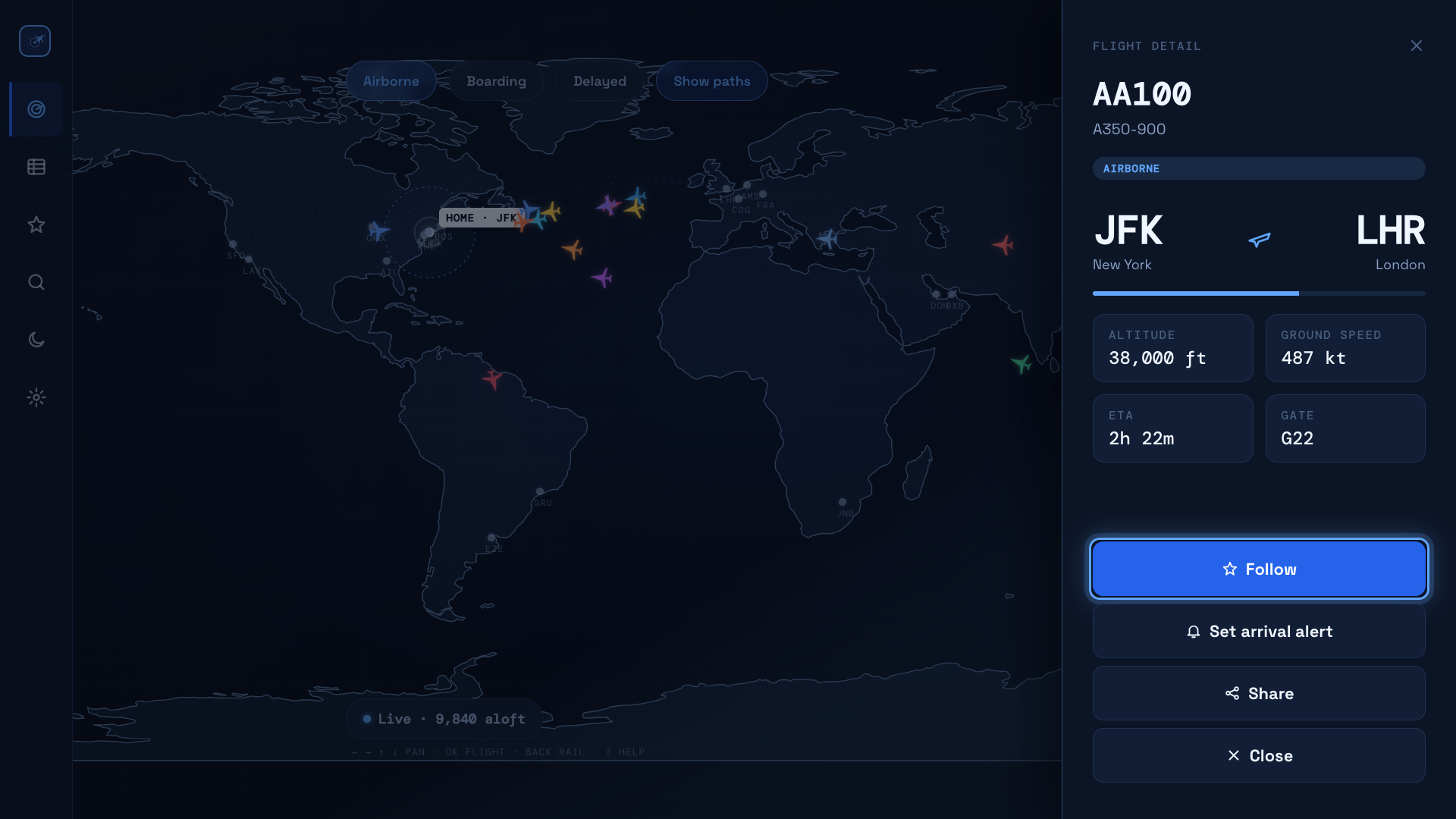 Flight detail overlay showing airline, route, altitude, and ETA