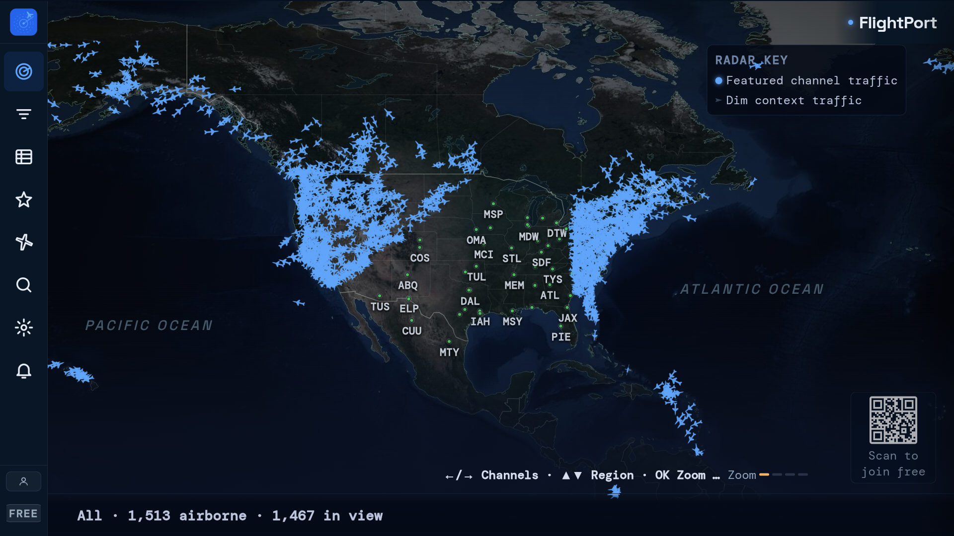 FlightPort live radar showing US air traffic on Google TV